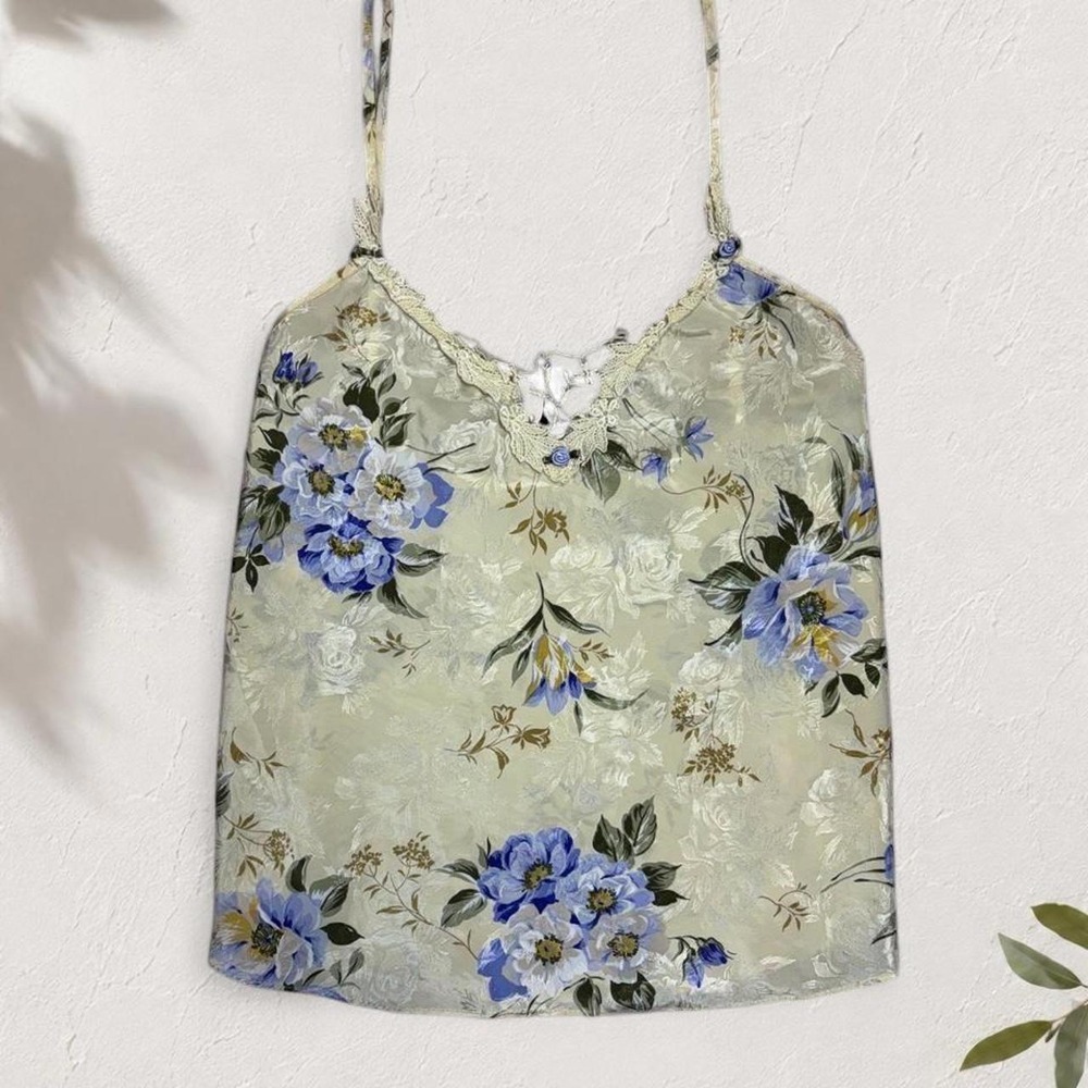 California Dynasty Vintage Floral Lace Cami Top Yellow Blue 90s Cottagecore L